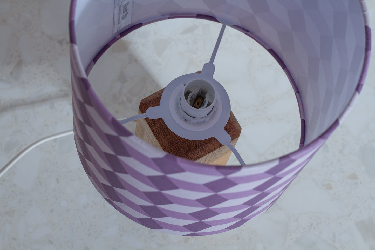 Purple Cubes Geometric Print Lampshade on a Hardwood Table Lamp