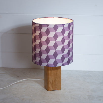 Purple Cubes Geometric Print Lampshade on a Hardwood Table Lamp