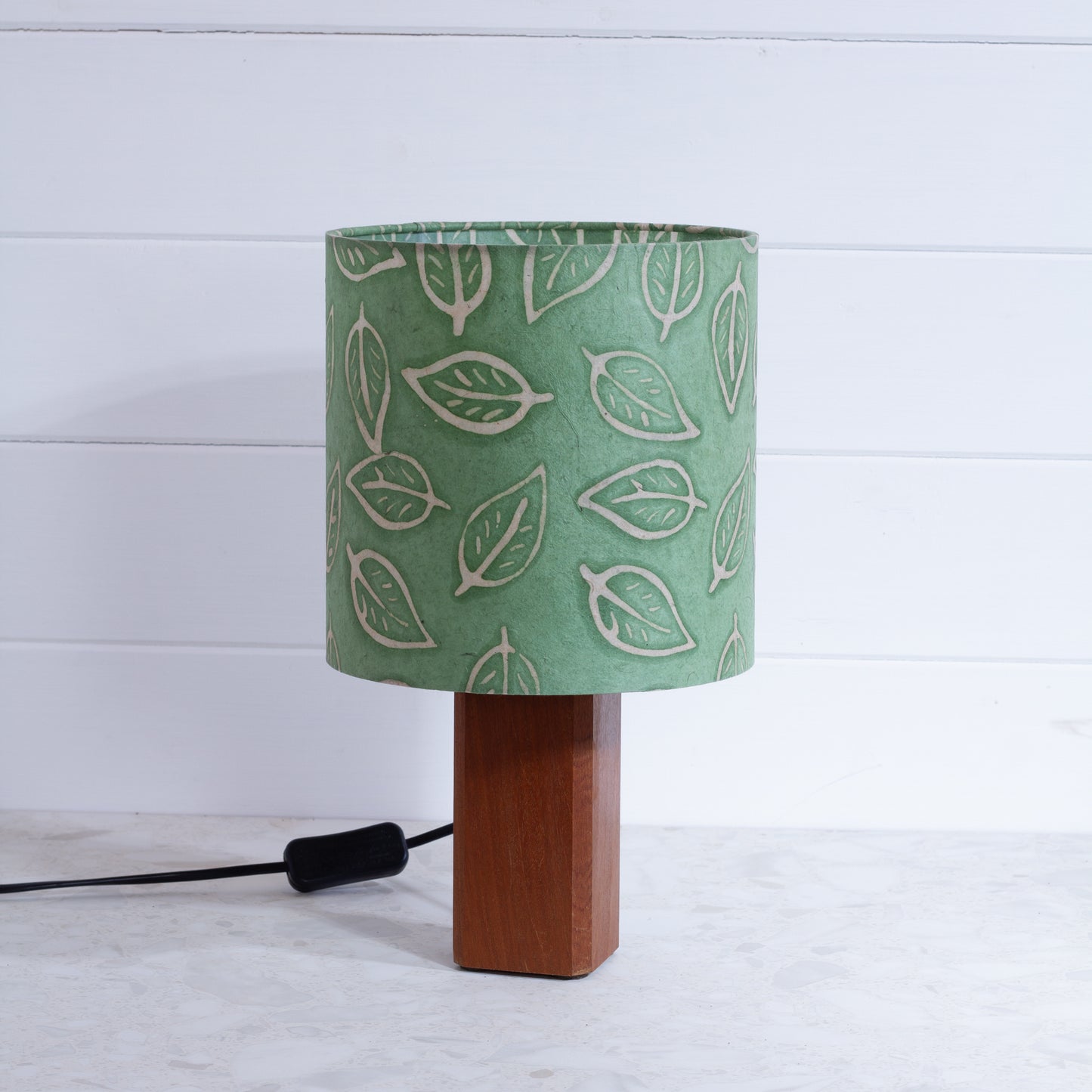 Square Sapele Table Lamp with 20cm Drum Lamp Shade P29 ~ Batik Leaf on Green