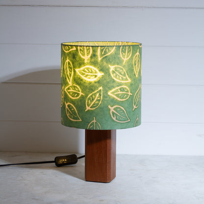 Square Sapele Table Lamp with 20cm Drum Lamp Shade P29 ~ Batik Leaf on Green