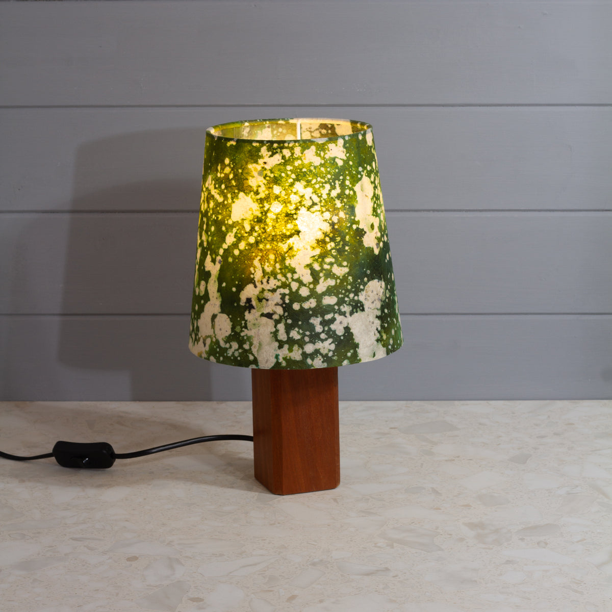 Square Sapele Table Lamp with Conical Lamp Shade in B114 ~ Batik Canopy Greens