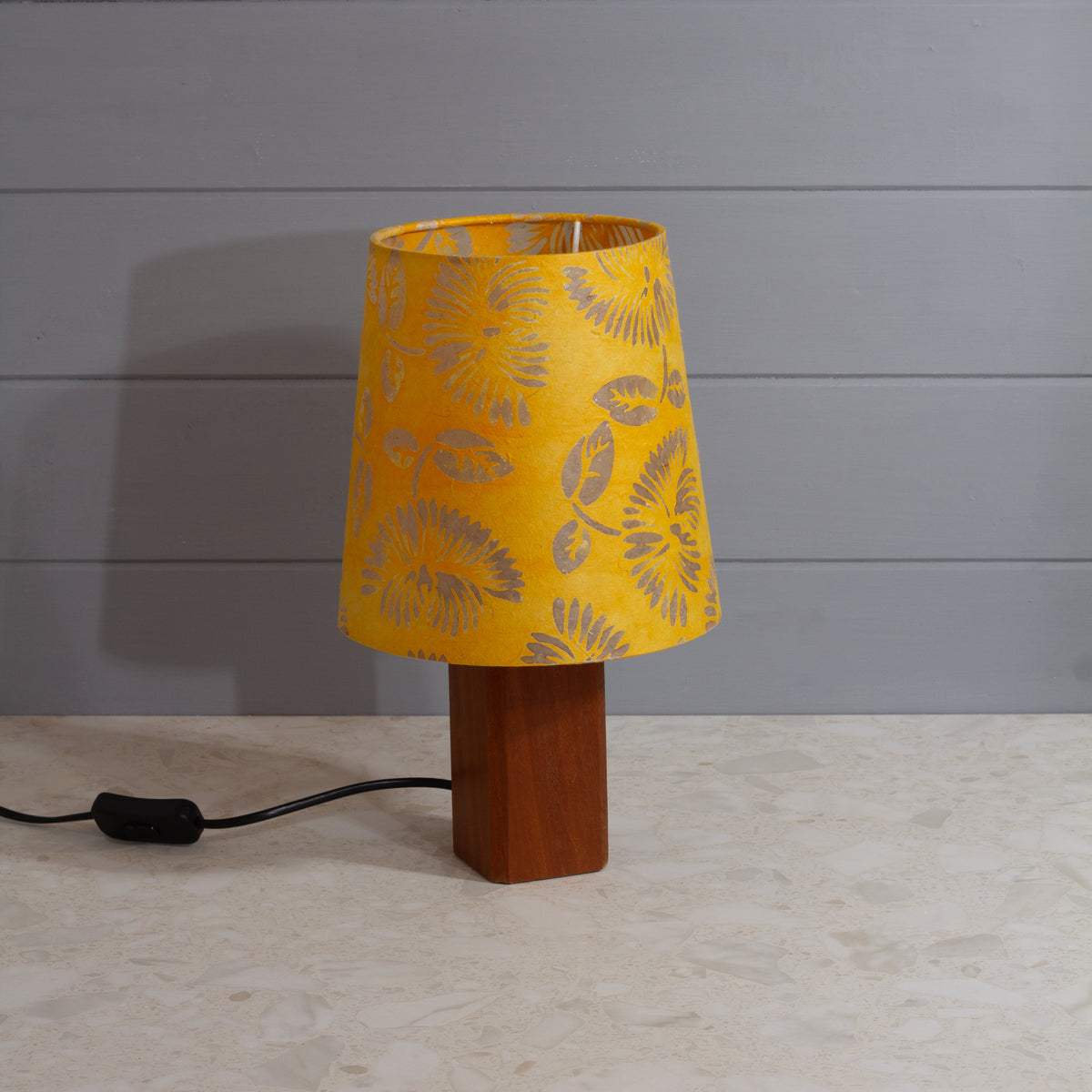 Square Sapele Table Lamp with Conical Lamp Shade in B120 ~ Batik Peony Yellow