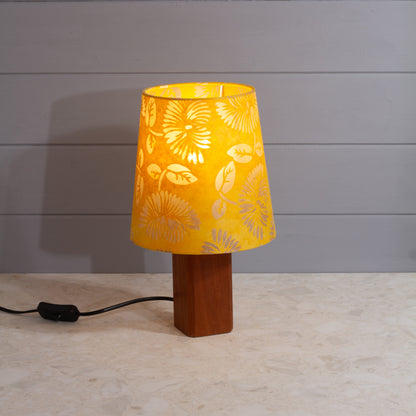 Square Sapele Table Lamp with Conical Lamp Shade in B120 ~ Batik Peony Yellow