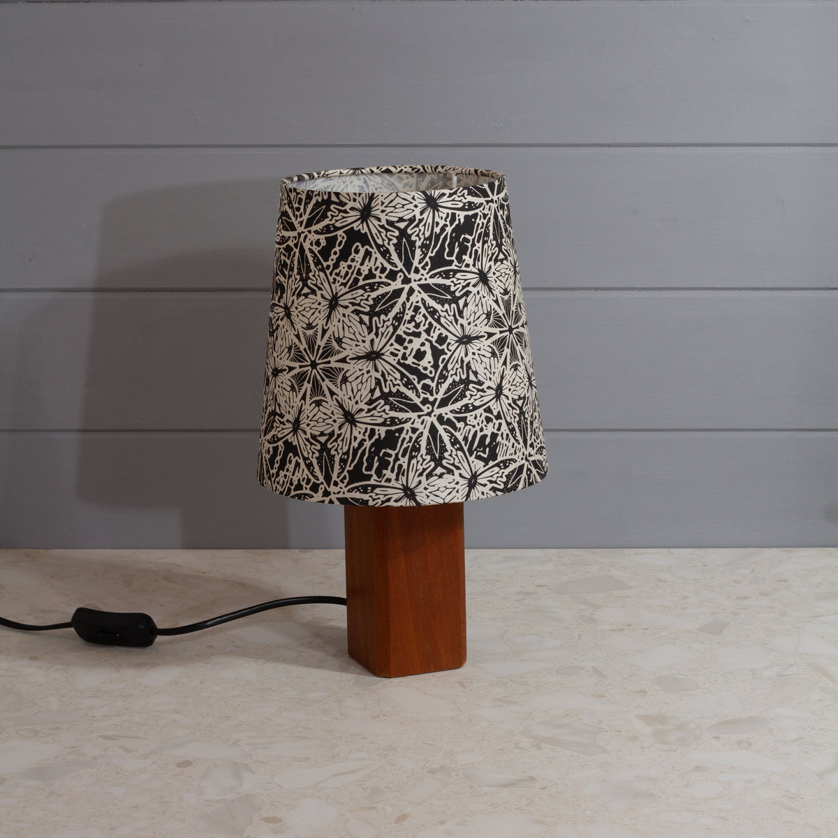 Square Sapele Table Lamp with Conical Lamp Shade in B136 ~ Butterfly Kaleidoscope Black