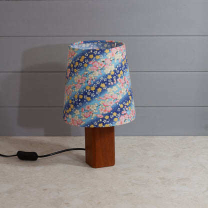 Square Sapele Table Lamp with Conical Lamp Shade in F120 ~ Cherry Blossom Blues Fabric