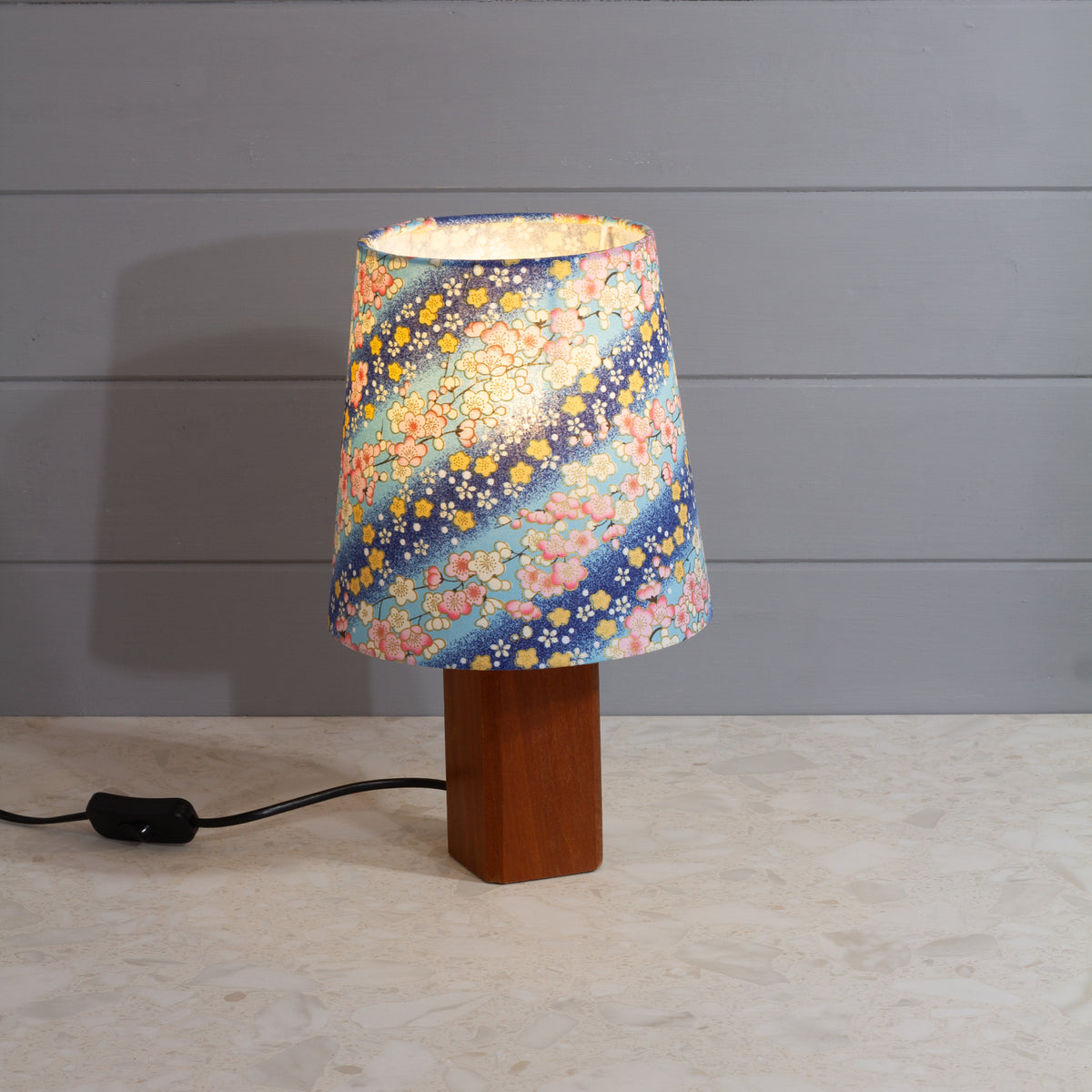 Square Sapele Table Lamp with Conical Lamp Shade in F120 ~ Cherry Blossom Blues Fabric