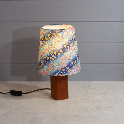 Square Sapele Table Lamp with Conical Lamp Shade in F120 ~ Cherry Blossom Blues Fabric