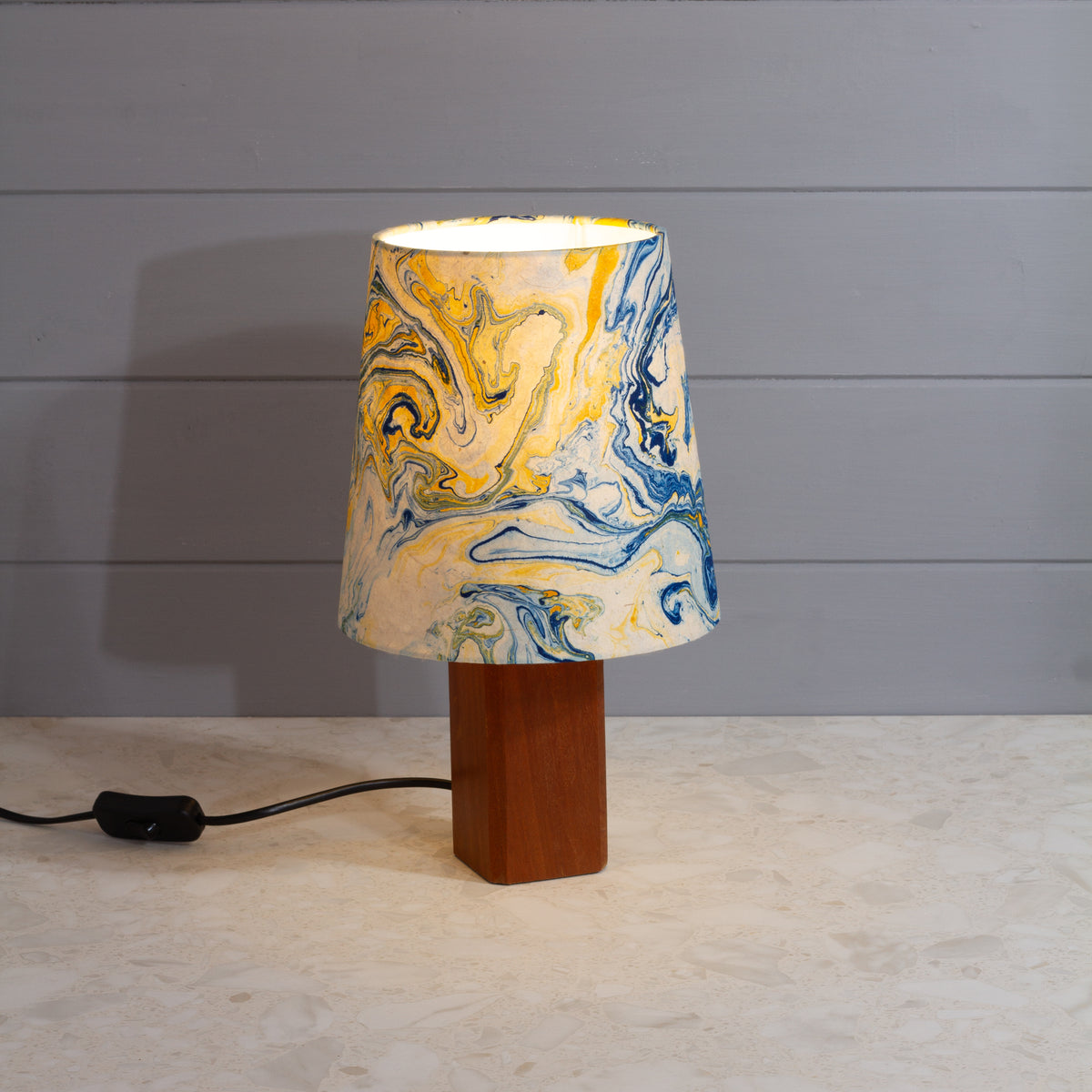 Square Sapele Table Lamp with Conical Lamp Shade in B139 ~ Coastline Marble