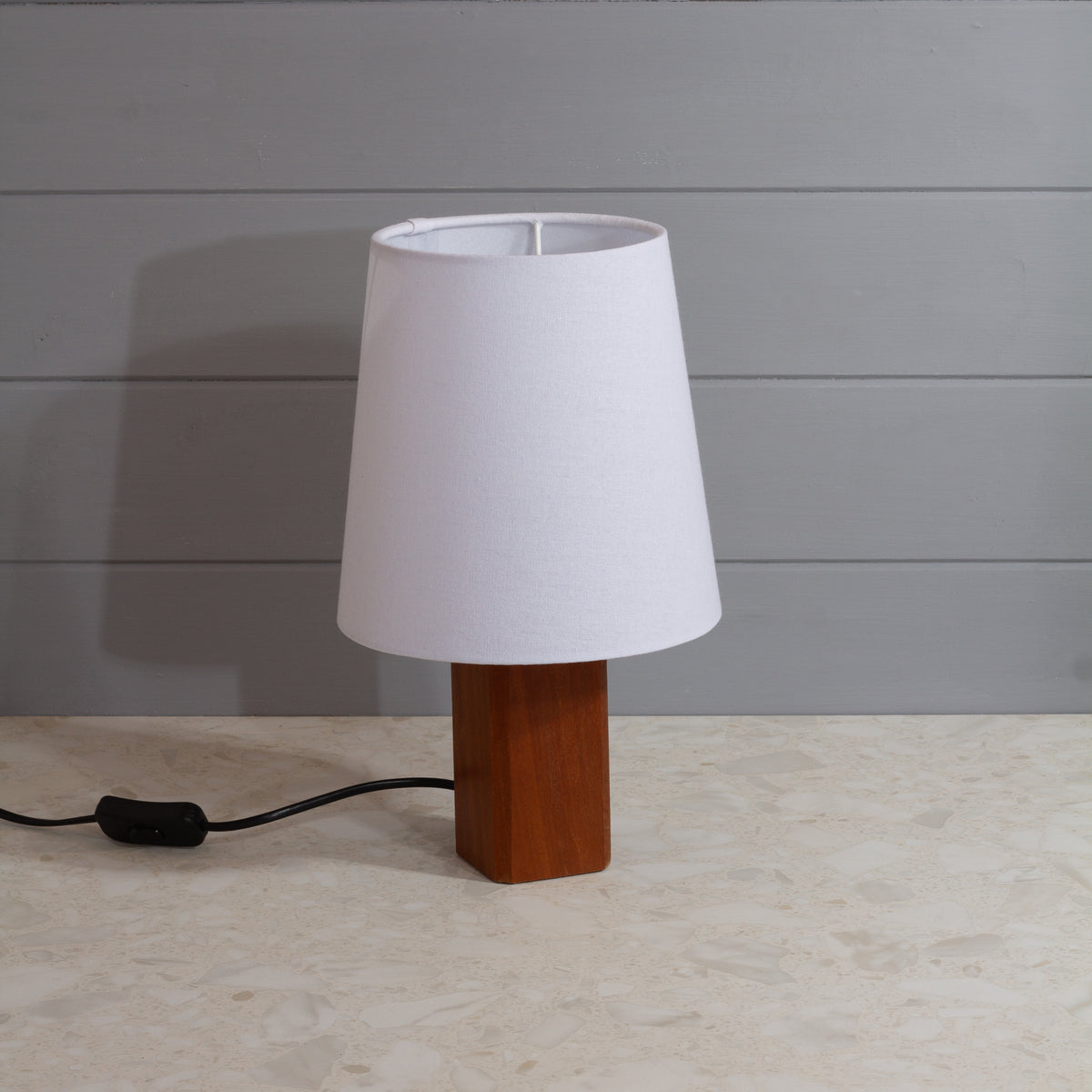 Square Sapele Table Lamp with Conical Lamp Shade in F160 ~ White Linen