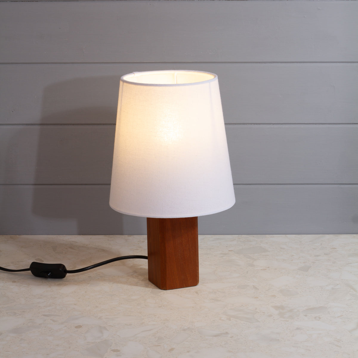 Square Sapele Table Lamp with Conical Lamp Shade in F160 ~ White Linen
