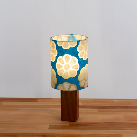 Square Sapele Table Lamp with 15cm Drum Lamp Shade P23 ~ Batik Big Flower on Teal
