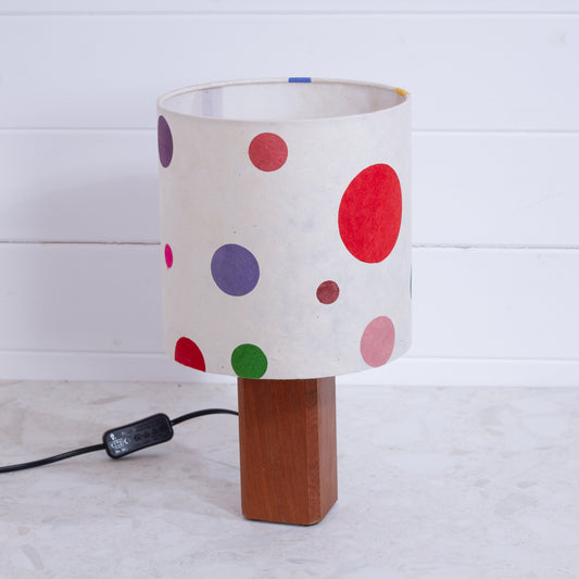 Square Sapele Table Lamp with 20cm Drum Lamp Shade P39 - Polka Dots
