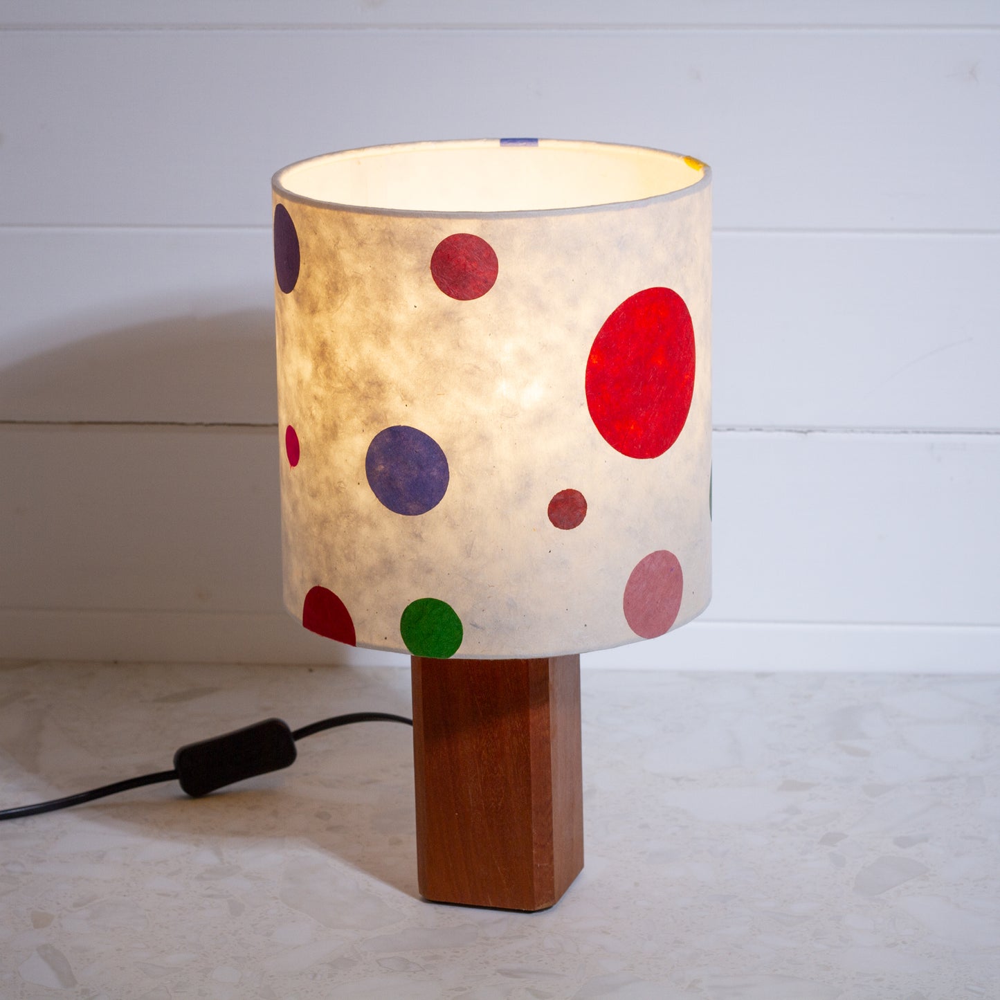 Square Sapele Table Lamp with 20cm Drum Lamp Shade P39 - Polka Dots