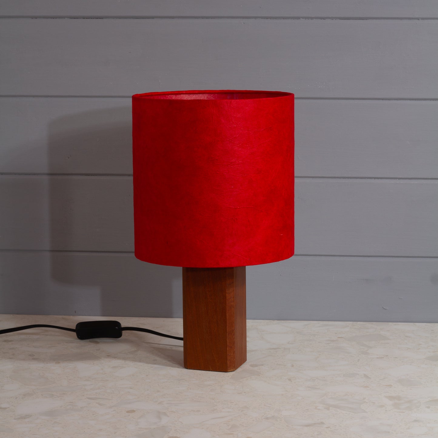 Square Sapele Table Lamp with 20x20cm Drum Lamp Shade P60 ~ Red Lokta
