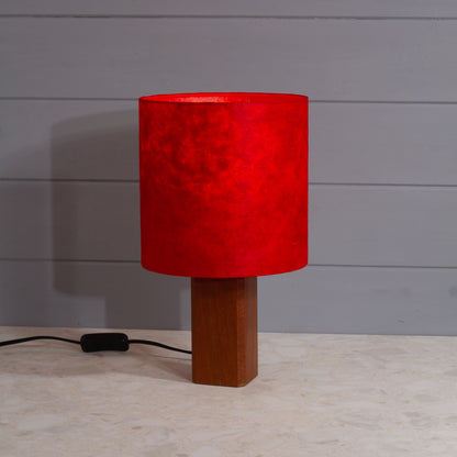 Square Sapele Table Lamp with 20x20cm Drum Lamp Shade P60 ~ Red Lokta