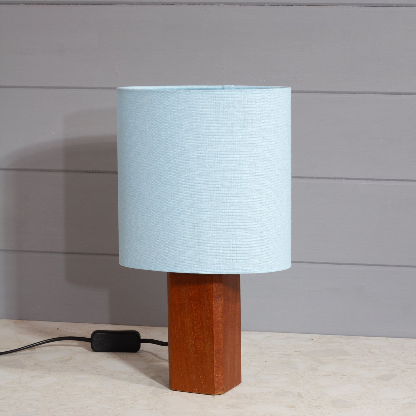 Square Sapele Lamp Base with Oval Lamp shade in F190 ~ Baby Blue Linen