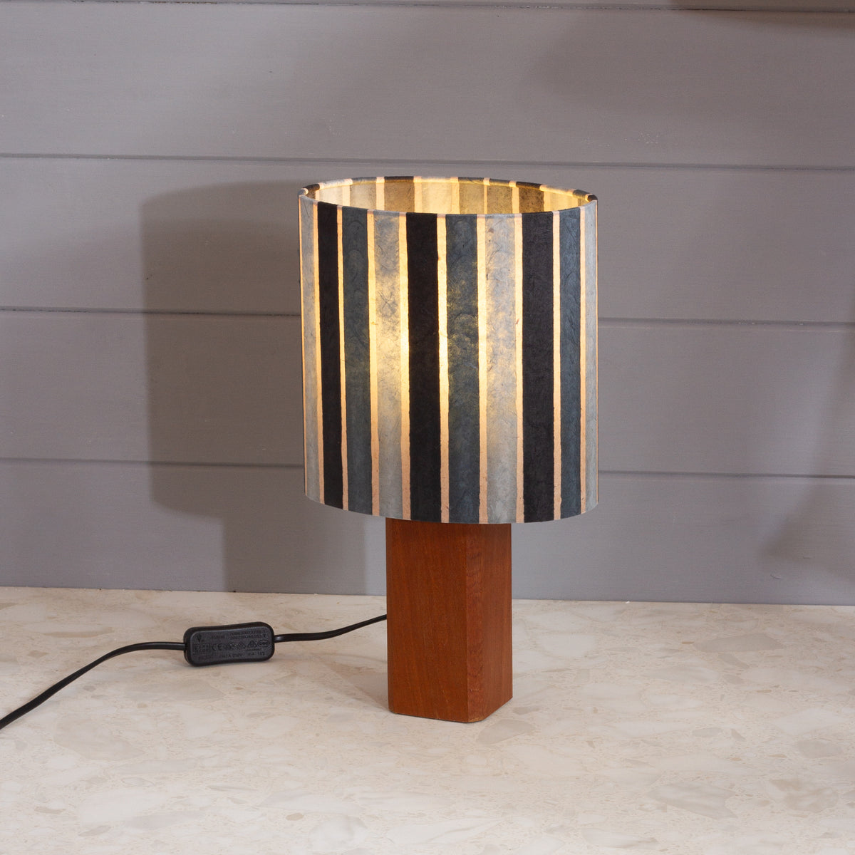 Square Sapele Lamp Base with Oval Lamp shade in P08 ~ Batik Stripes Grey