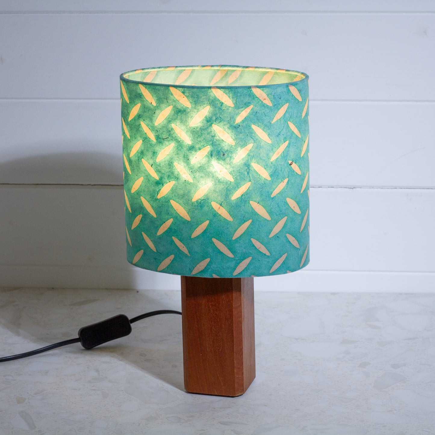 Square Sapele Lamp Base with Oval Lamp shade in P93 ~ Batik Tread Plate Seafoam