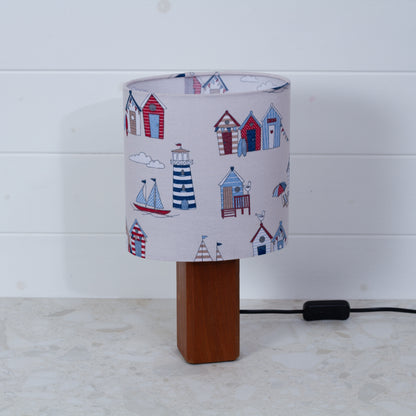 Square Sapele Lamp Base with Oval Lamp shade in Beach Huts Fabric (F130)