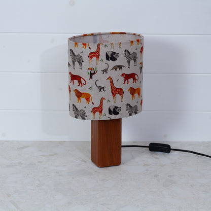 Square Sapele Lamp Base with Oval Lamp shade in F100 ~ Zoo Animals Fabric