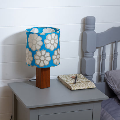 Square Sapele Table Lamp with 20cm Drum Lamp Shade P23 - Batik Big Flower on Teal