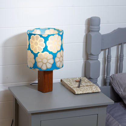 Square Sapele Table Lamp with 20cm Drum Lamp Shade P23 - Batik Big Flower on Teal