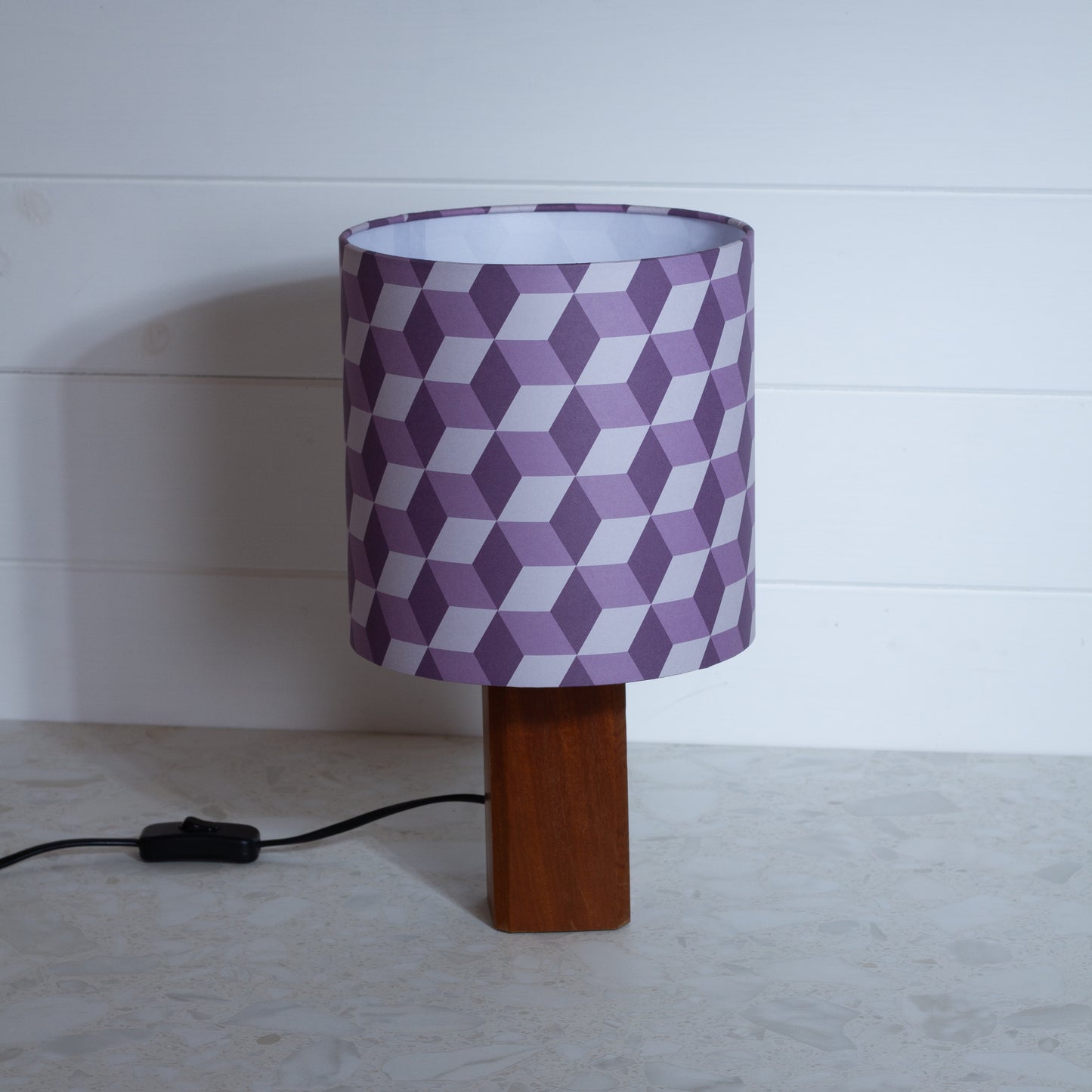 Purple Cubes Geometric Print Lampshade on a Hardwood Table Lamp