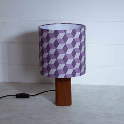 Purple Cubes Geometric Print Lampshade on a Hardwood Table Lamp