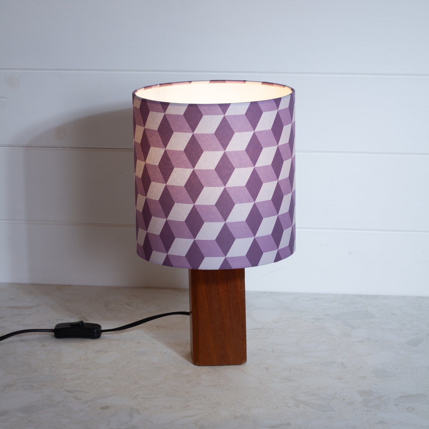 Purple Cubes Geometric Print Lampshade on a Hardwood Table Lamp