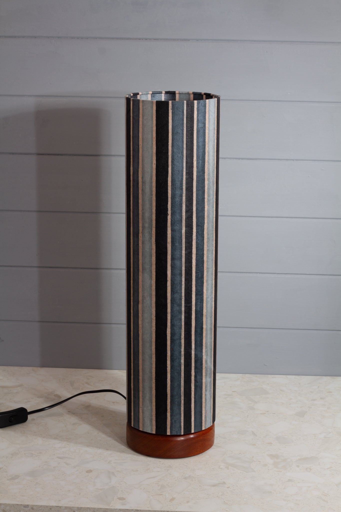 Flat Round Sapele Table Lamp with 15cm x 55cm Lampshade in P08 ~ Batik Stripes Grey