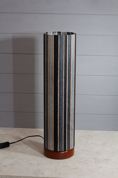 Flat Round Sapele Table Lamp with 15cm x 55cm Lampshade in P08 ~ Batik Stripes Grey
