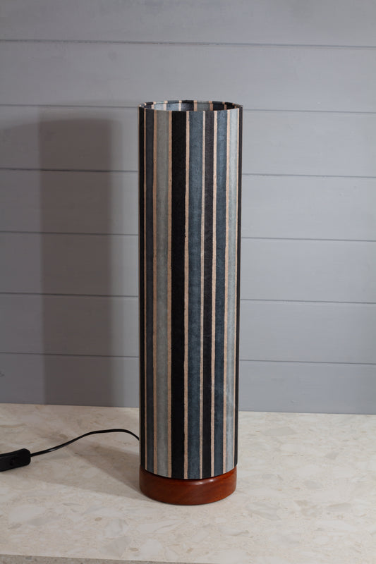 Flat Round Sapele Table Lamp with 15cm x 55cm Lampshade in P08 ~ Batik Stripes Grey