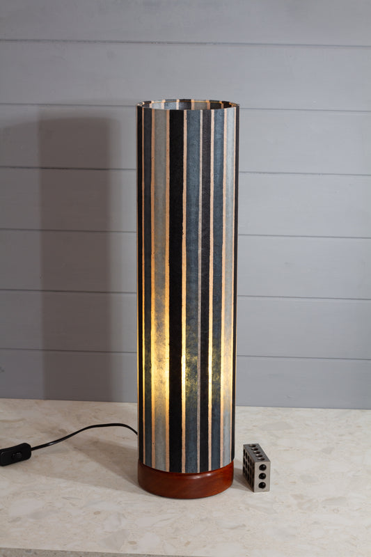 Flat Round Sapele Table Lamp with 15cm x 55cm Lampshade in P08 ~ Batik Stripes Grey