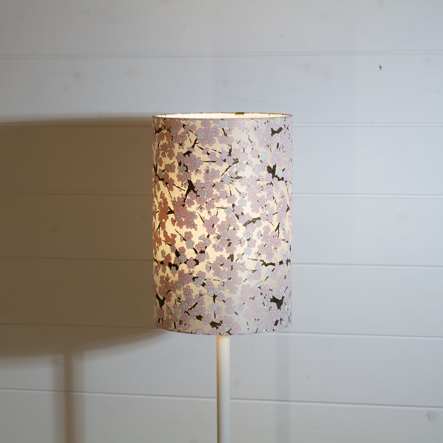 Drum Lamp Shade - W02 ~ Pink Cherry Blossom on Grey, 20cm(d) x 30cm(h)