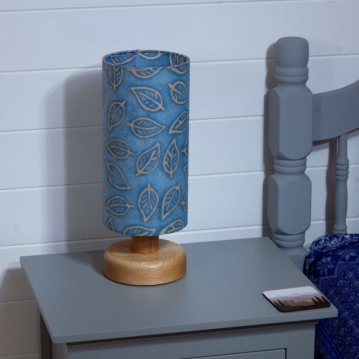 Round Oak Table Lamp (15cm) with 15cm x 30cm Drum Lampshade in P31 - Batik Leaf on Blue