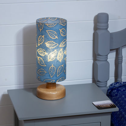 Round Oak Table Lamp (15cm) with 15cm x 30cm Drum Lampshade in P31 - Batik Leaf on Blue