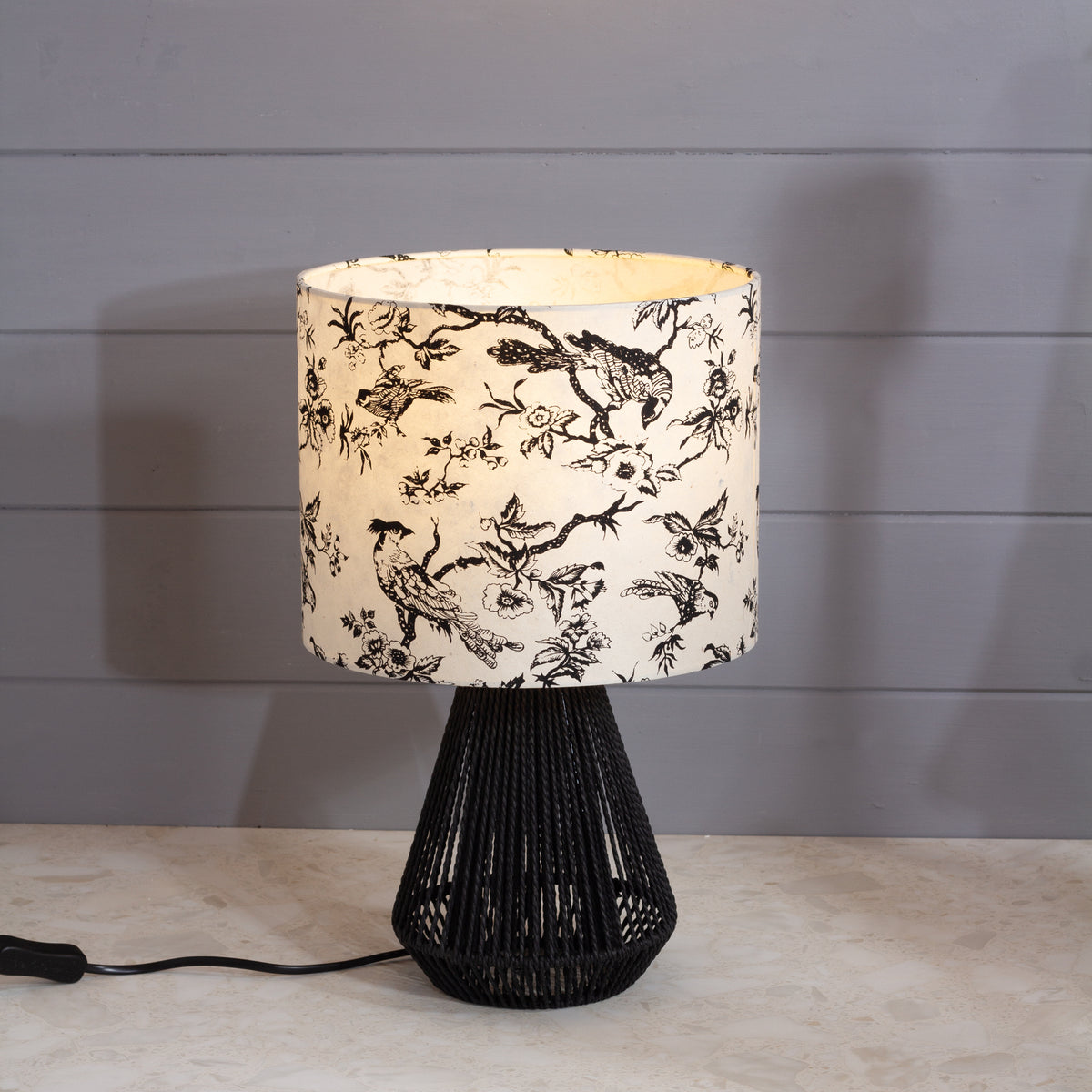 Tamura Table Lamp - Black with Drum Lamp Shade in P41 - Oriental Birds
