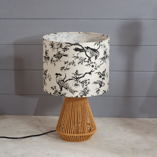 Tamura Table Lamp - Natural with Drum Lamp Shade in P41 - Oriental Birds