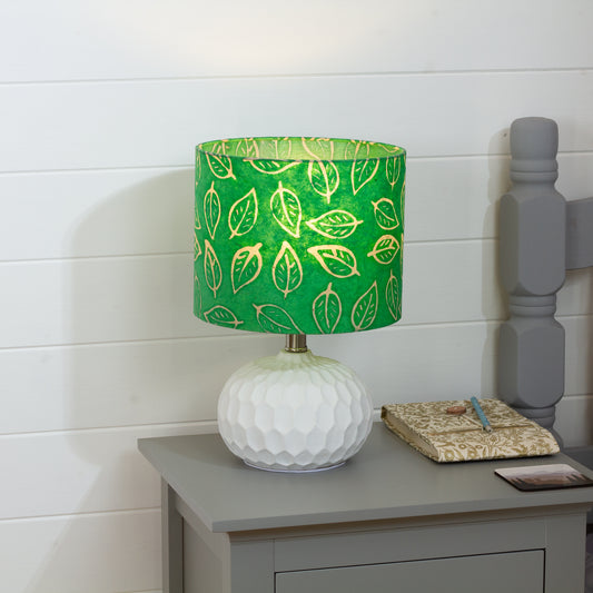 Rola Round Ceramic Table Lamp Base in White ~ Drum Lamp Shade 25cm(d) x 20cm(h) B126 ~ Batik Leaf Bright Green