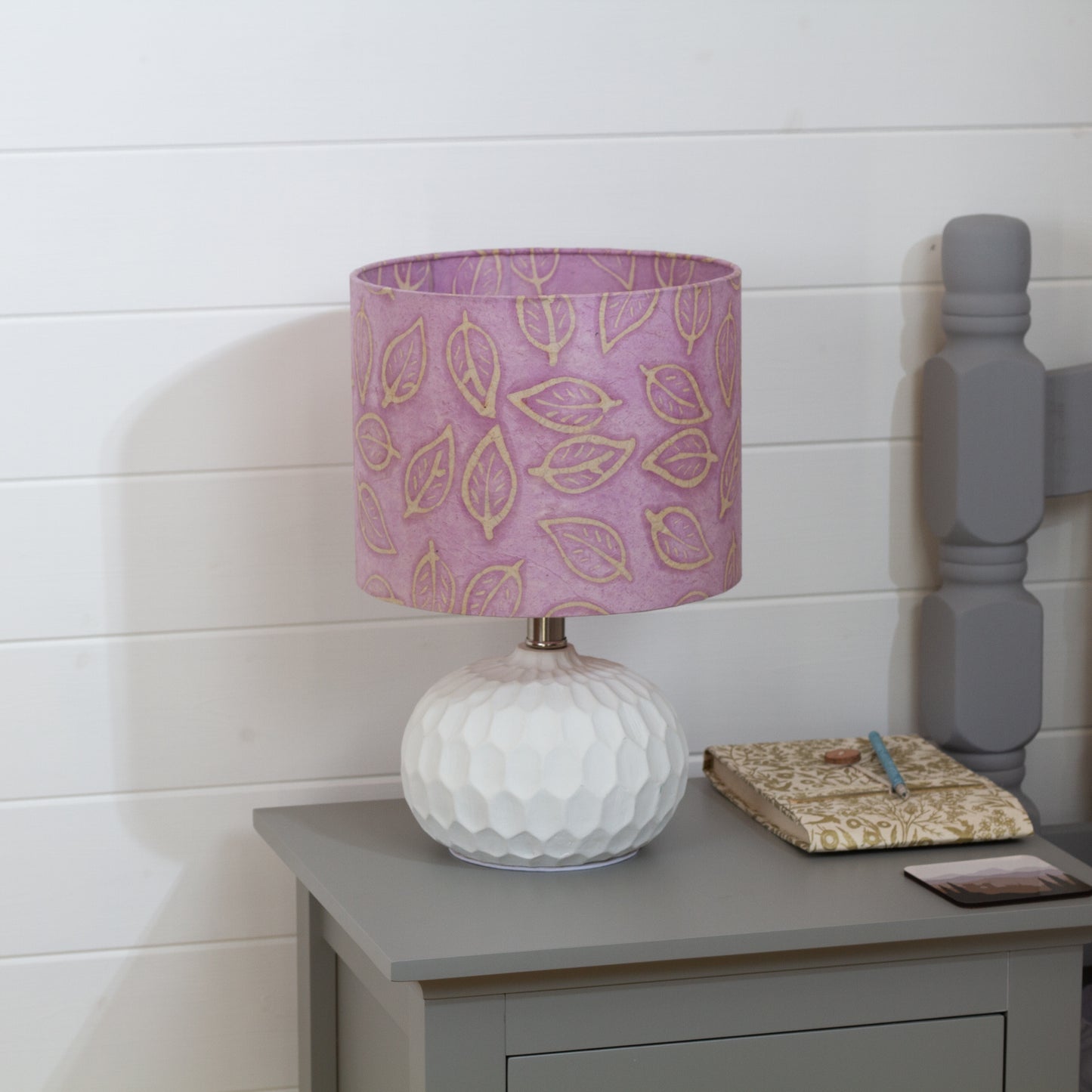 Rola Round Ceramic Table Lamp Base in White ~ Drum Lamp Shade 25cm(d) x 20cm(h) P68 ~ Batik Leaf on Lilac