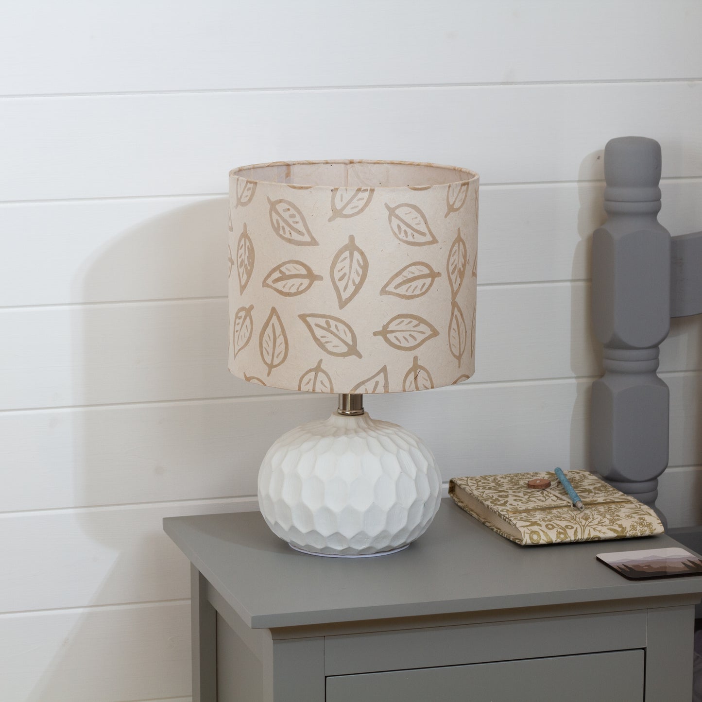 Rola Round Ceramic Table Lamp Base in White ~ Drum Lamp Shade 25cm(d) x 20cm(h) P28 - Batik Leaf on Natural