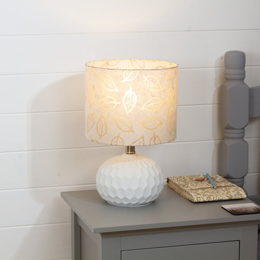 Rola Round Ceramic Table Lamp Base in White ~ Drum Lamp Shade 25cm(d) x 20cm(h) P28 - Batik Leaf on Natural