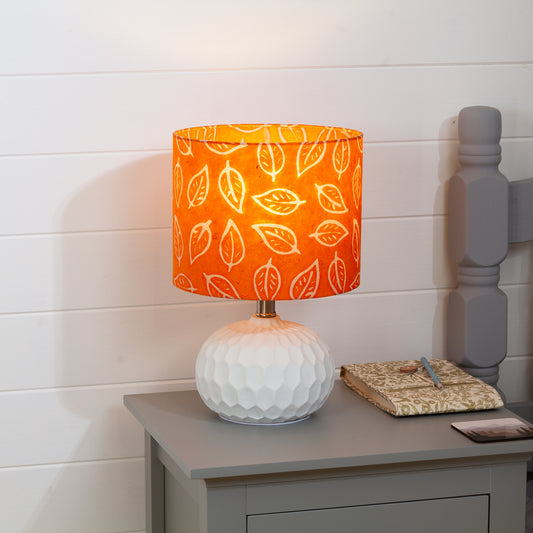 Rola Round Ceramic Table Lamp Base in White ~ Drum Lamp Shade 25cm(d) x 20cm(h) B123 ~ Batik Leaf Orange