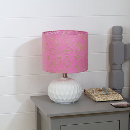 Rola Round Ceramic Table Lamp Base in White ~ Drum Lamp Shade 25cm(d) x 20cm(h) P67 ~ Batik Leaf on Pink