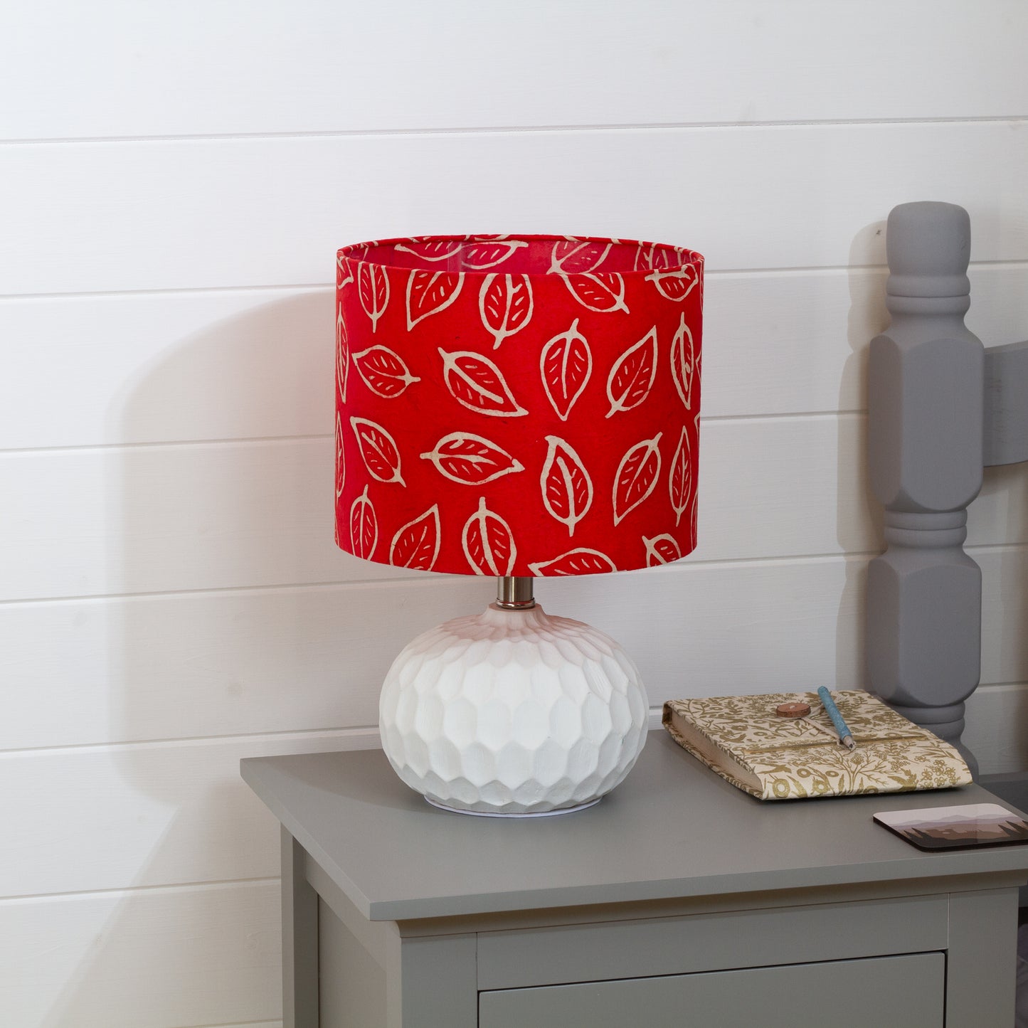 Rola Round Ceramic Table Lamp Base in White ~ Drum Lamp Shade 25cm(d) x 20cm(h) P30 - Batik Leaf on Red