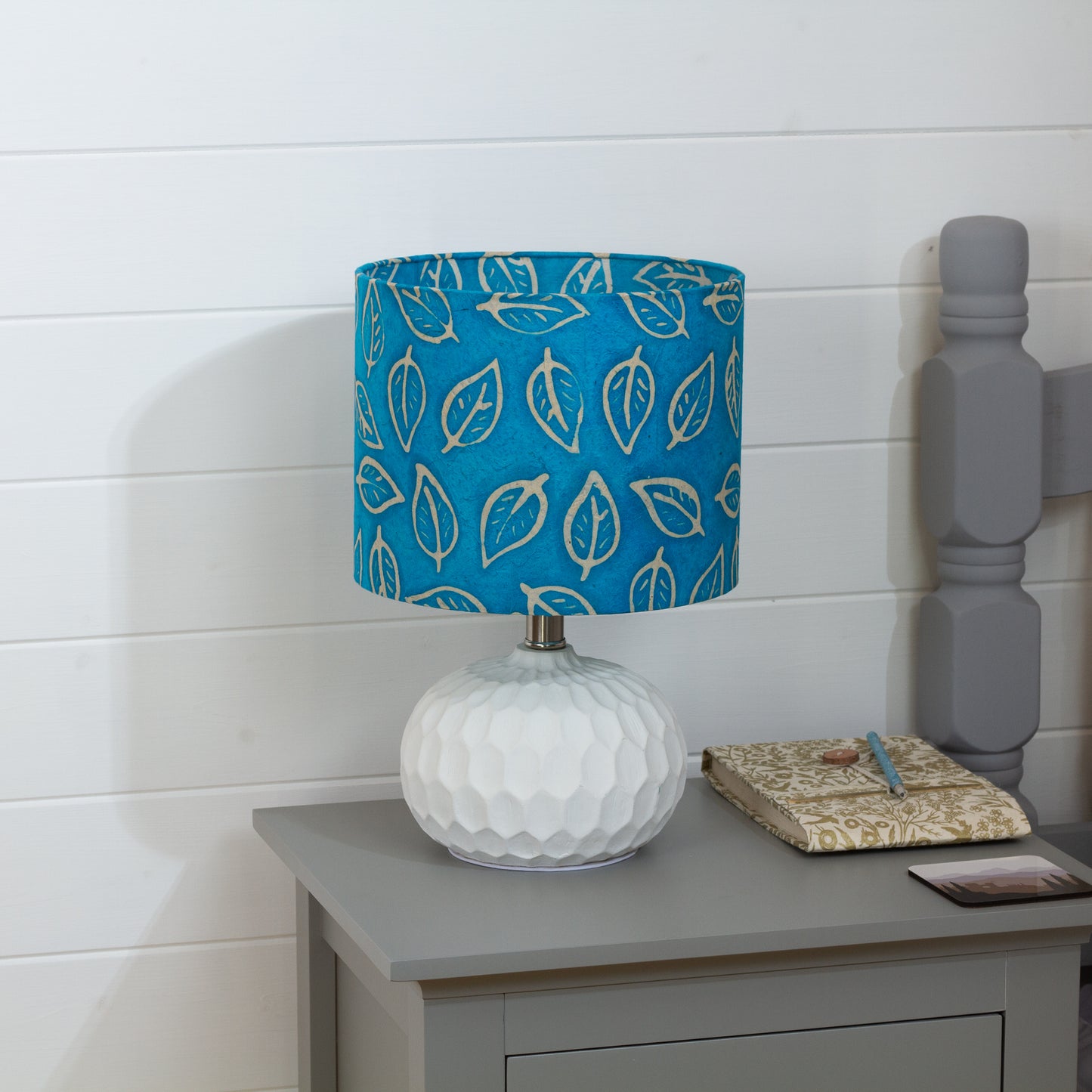 Rola Round Ceramic Table Lamp Base in White ~ Drum Lamp Shade 25cm(d) x 20cm(h) B125 ~ Batik Leaf Teal