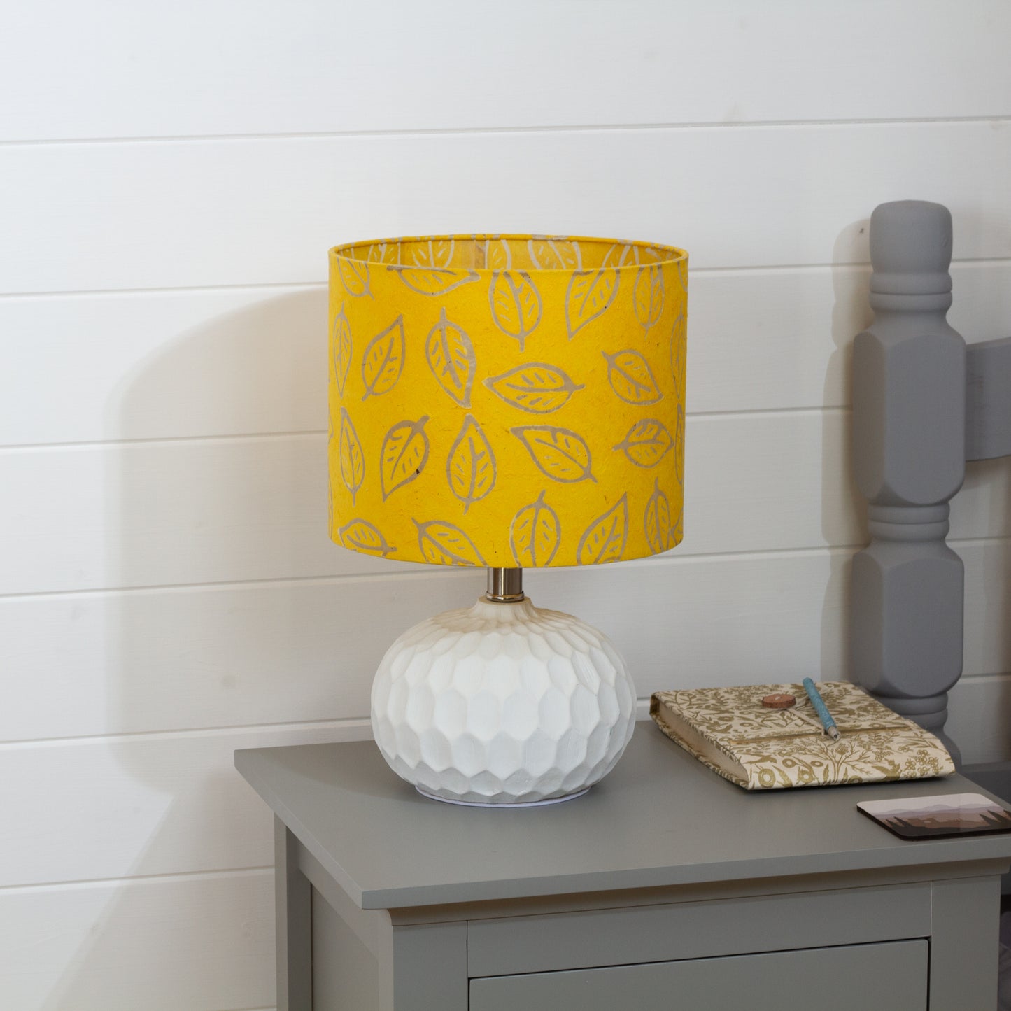 Rola Round Ceramic Table Lamp Base in White ~ Drum Lamp Shade 25cm(d) x 20cm(h) B107 ~ Batik Leaf Yellow