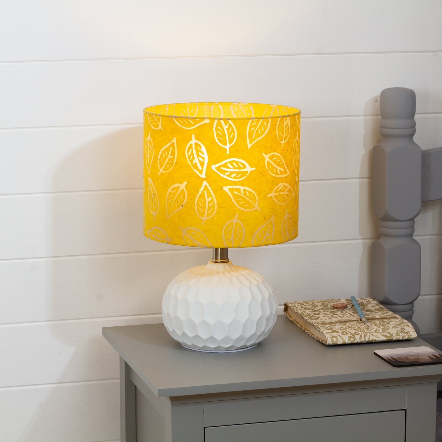 Rola Round Ceramic Table Lamp Base in White ~ Drum Lamp Shade 25cm(d) x 20cm(h) B107 ~ Batik Leaf Yellow