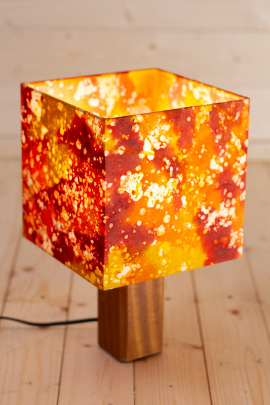 Square Sapele Table Lamp with a 20cm Square Lampshade in B112 ~ Batik Lava Red/Orange