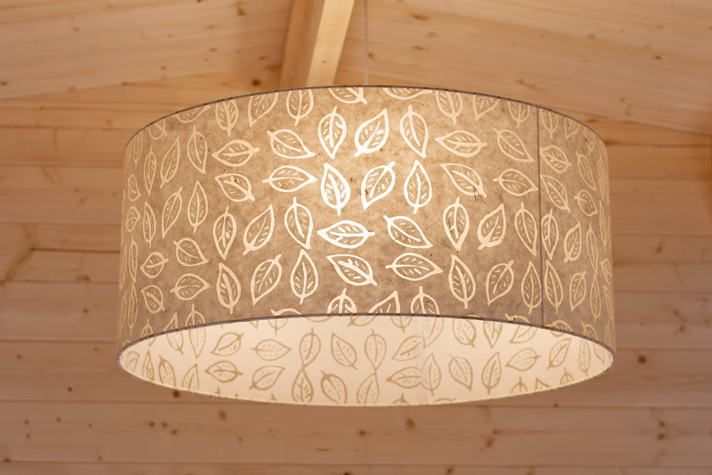 Drum Lamp Shade - P28 - Batik Leaf on Natural, 70cm(d) x 30cm(h)